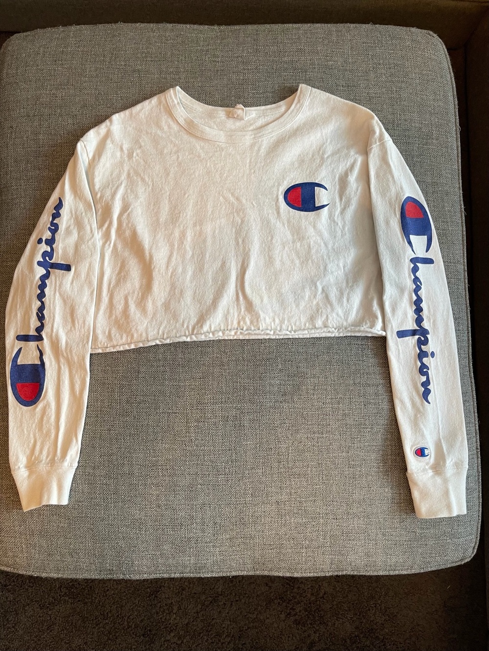 Champion White Crop T-Shirt with Blue and Red Logo